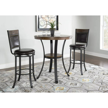 3 Pieces Rustic Pub Set, Round Table & Comfortable Faux Leather Stool, Brown