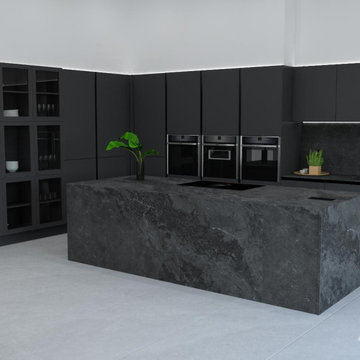 Manor House in Dorchester, Black handleless kitchen with island