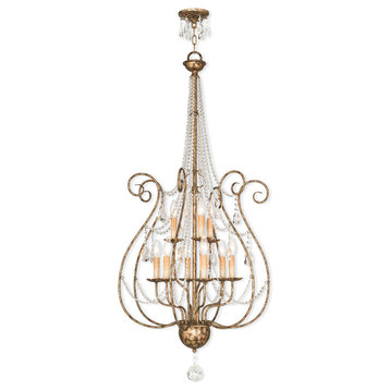 Foyer Chandelier With Clear Crystals, Hand-Applied European Bronze