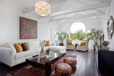 Living room - large mediterranean formal and open concept dark wood floor living room idea in Los Angeles with white walls, no fireplace and no tv