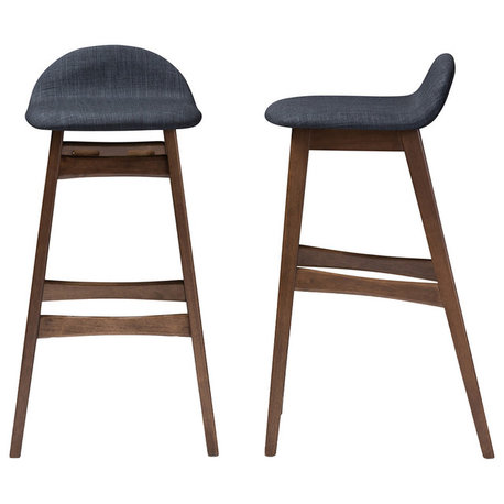 Bloom Walnut Wood Finishing 30" Bar Stools, Set of 2, Dark Blue Fabric