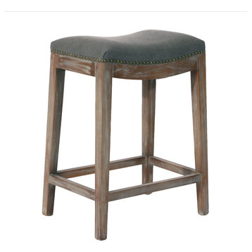 Danbury Oak and Linen Saddle Counter Stool, 24" Seat Height, Cream, Gray/Brown