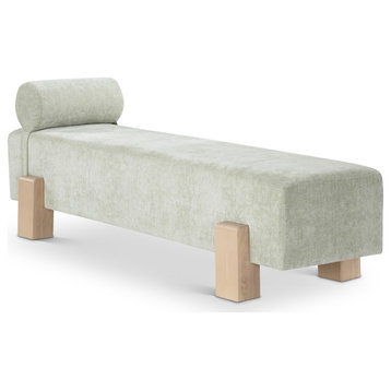 Edison Chenille Fabric Upholstered Bench, Green, Natural Finish