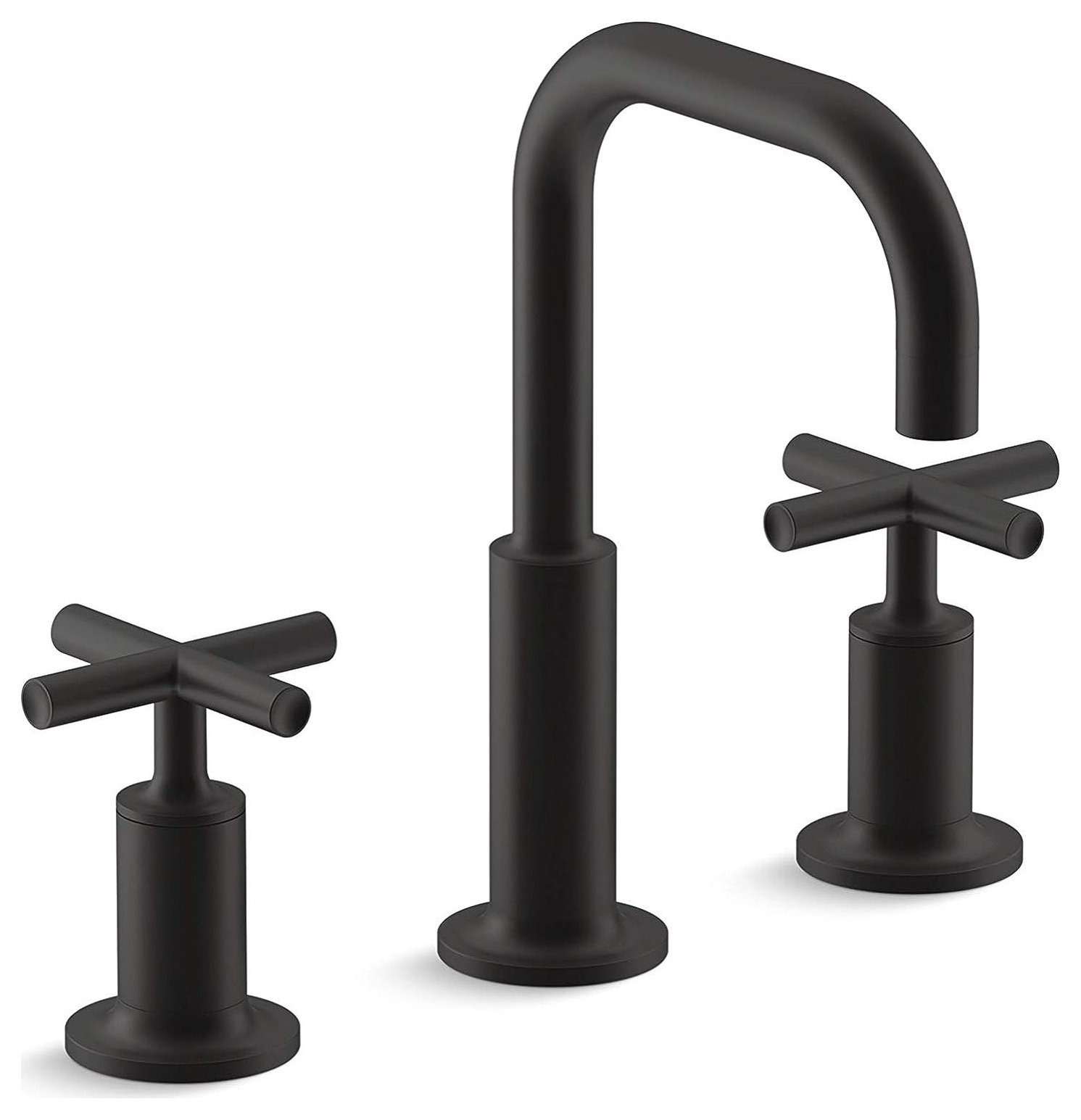 Widespread Bathroom Faucet, Gooseneck Spout With 2 Low Handles, Matte Black - Transitional ...