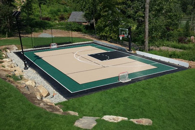 Inspiration for a large modern backyard full sun outdoor sport court in New York with with outdoor playset.
