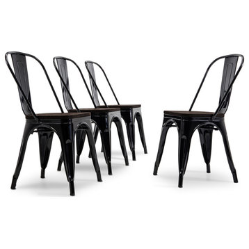 Wood Seat Metal Dining Chairs, Set of 4, Black