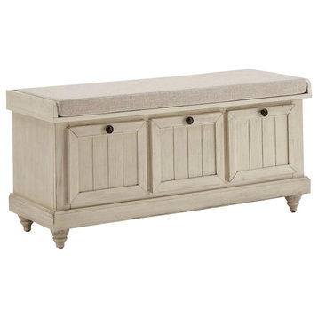 Storage Bench, Flip Up Top With Comfortable Linen Seat, Antique White/Light Gray