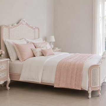 Pink French Country Cane Bed | Louis XV Inspired Hand-Carved Bed Frame
