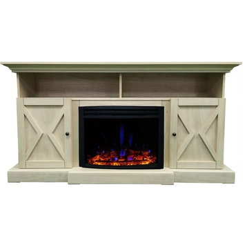 Farmhouse TV Stand, Crown Molded Top With 2 Compartments & Fireplace, Sandstone