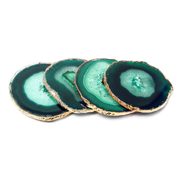 Modern Home Set of 4 Natural Agate Stone Coasters - Green w/Gold Edge