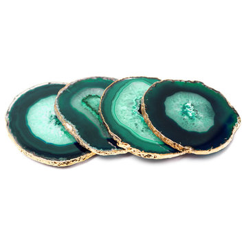 Modern Home Set of 4 Natural Agate Stone Coasters - Green w/Gold Edge