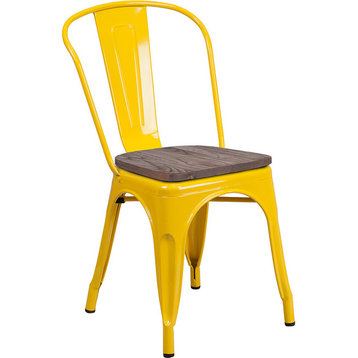 Yellow Metal Stackable Chair With Wood Seat