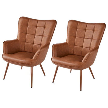 2 Pack Accent Chair, Sleek Legs With Tufted Faux Leather Seat, Wingback, Brown