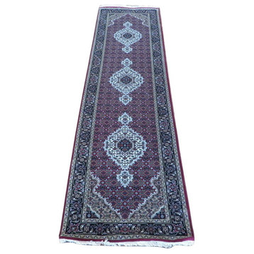 2'7x10 Runner Handmade Red Black Mahi Tabriz Oriental Rug With Silk