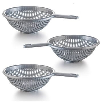 YBM Home Plastic Deep Colander Strainers with Long Handle, 8.5 Inches (3 PACK), Gray