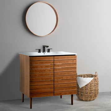 36" Modern 2-Shelf Bath Vanity Cabinet Only (Sink Basin not Included), Walnut