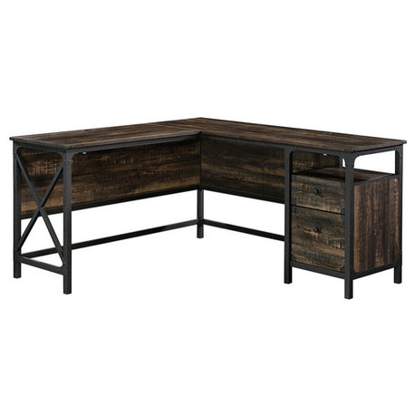 Sauder Steel River L Shaped Writing Desk in Carbon Oak and Black