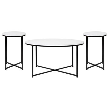 3 Pieces Coffee Table Set, Crossed Base With Round Top, White/Matte Black