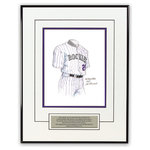 Heritage Sports Art - Original Art of the MLB 2005 Colorado Rockies Uniform - This beautifully framed piece features an original piece of watercolor artwork glass-framed in a timeless thin black metal frame with a double mat. The outer dimensions of the framed piece are approximately 13.5" wide x 17.5" high, although the exact size will vary according to the size of the original piece of art. At the core of the framed piece is the actual piece of original artwork as painted by the artist on textured 100% rag, water-marked watercolor paper. In many cases the original artwork has handwritten notes in pencil from the artist. Simply put, this is beautiful, one-of-a-kind artwork. The outer mat is a clean white, textured acid-free mat with an inset decorative black v-groove, while the inner mat is a complimentary colored acid-free mat reflecting one of the team's primary colors. The image of this framed piece shows the mat color that we use (Purple). Beneath the artwork is a silver plate with black text describing the original artwork. The text for this piece will read: This original, one-of-a-kind watercolor painting of the 2005 Colorado Rockies uniform is the original artwork that was used in the creation of thousands of Colorado Rockies products that have been sold across North America. This original piece of art was painted by artist Nola McConnan for Maple Leaf Productions Ltd. The piece is framed with an extremely high quality framing glass. We have used this glass style for many years with excellent results. We package every piece very carefully in a double layer of bubble wrap and a rigid double-wall cardboard package to avoid breakage at any point during the shipping process, but if damage does occur, we will gladly repair, replace or refund. Please note that all of our products come with a 90 day 100% satisfaction guarantee. If you have any questions, at any time, about the actual artwork or about any of the artist's handwritten notes on the artwork, I would love to tell you about them. After placing your order, please click the "Contact Seller" button to message me and I will tell you everything I can about your original piece of art. The artists and I spent well over ten years of our lives creating these pieces of original artwork, and in many cases there are stories I can tell you about your actual piece of artwork that might add an extra element of interest in your one-of-a-kind purchase. Please note that all reproduction rights for this original work are retained in perpetuity by Major League Baseball unless specifically stated otherwise in writing by MLB. For further information, please contact Heritage Sports Art at questions@heritagesportsart.com .