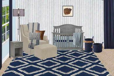Example of a large transitional boy carpeted and beige floor nursery design in Phoenix with blue walls