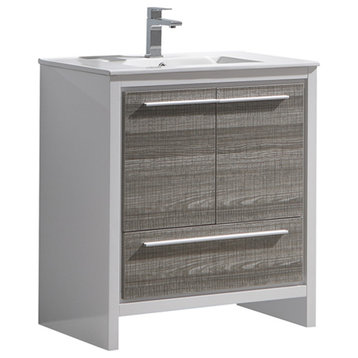 Allier Rio Modern Bathroom Cabinet With Sink, Ash Gray, 30"