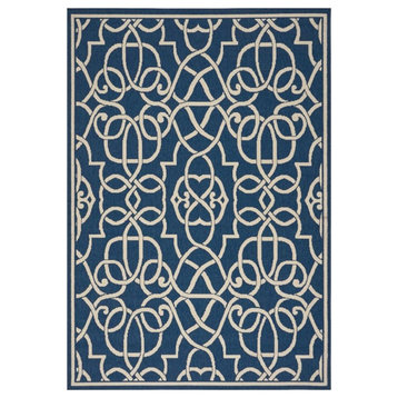 Noble House Jacyntha 90x63" Indoor Fabric Geometric Area Rug in Navy and Ivory