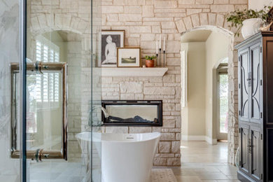 Bathroom - large mediterranean master gray floor, double-sink and vaulted ceiling bathroom idea in Other with shaker cabinets, dark wood cabinets, an undermount sink, a hinged shower door, white countertops and a built-in vanity