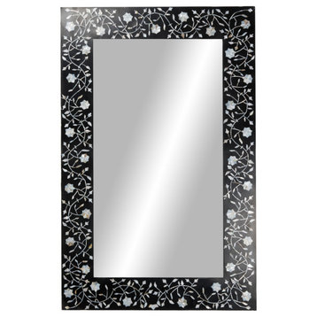 Rectangular Black Wood Wall Mirror With Pearl Oyster Flowers, 30"x47"