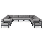 Meridian Furniture - Nizuc Water Resistant Patio U-Shaped Modular Sectional, Gray, 11-Piece: 7 Armless Chair, 4 Corner Chair, Dark Gray Aluminum Frame - Pick and choose your favorites from the Nizuc collection to create a modular seating group the whole gang will enjoy. The sturdy aluminum frame provides dependable support for friends and family as they relax and unwind, and the resilient grey water resistant fabric stands up to the elements without losing its beautiful demeanor, so you can count on it lasting for the long haul. Latches beneath these seating pieces help you easily attach them to one another for convenient setup.