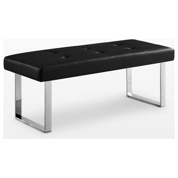 Dolores PU Leather Button Tufted Chrome Steel Square Leg Bench, Black
