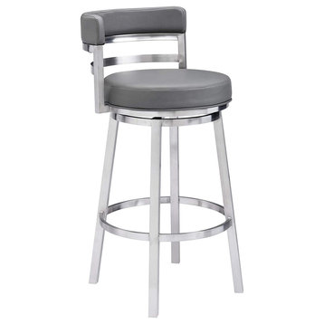 Contemporary Bar Stool, Comfortable Padded Seat and Rounded Back, Grey, Counter