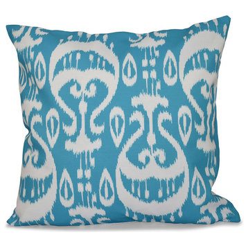 Ikat , Geometric Outdoor Pillow, Turquoise, 20"x20"