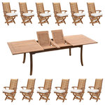 Teak Deals - 13-Piece Outdoor Teak Dining Set, 117" Rectangle Table, 12 Warwick Arm Chairs - Our Teak Dining Set is a uniquely modern interplay of very durable teak wood featuring our beautiful Teak Chairs. Our teak wood is certified to withstand the rigors of adverse climates however because of Teak's well known micro-smooth finish and quality craftsmanship many use our furniture indoors as well. Rich in oil finely grained and precisely fashioned with mortise-and-tenon joinery.
