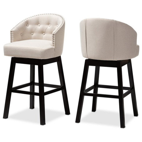 Bowery Hill 30"H Upholstered Wood Swivel Bar Stool in Beige Set of 2