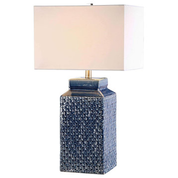 Contemporary Table Lamp, Square Design With Textured Base and White Shade, Blue