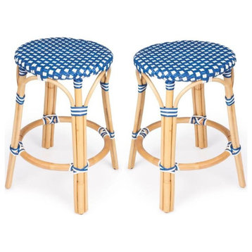Home Square 2 Piece Rattan Counter Stool Set in Blue and White