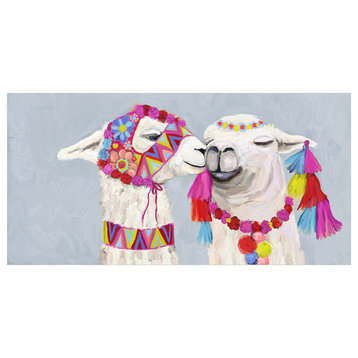 "Llama Pair With Poms - Soft Blue" Canvas Wall Art by Cathy Walters