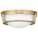 HInkley - Hinkley Hathaway Small Flush Mount, Heritage Brass - Hathaway's striking design features a bold shade held in place by three intersecting, floating arms with unique forged uprights and ring detail for a modern style. Available in Heritage Brass with etched glass, Olde Bronze with etched glass, Olde Bronze with etched amber glass and Antique Nickel with etched glass.