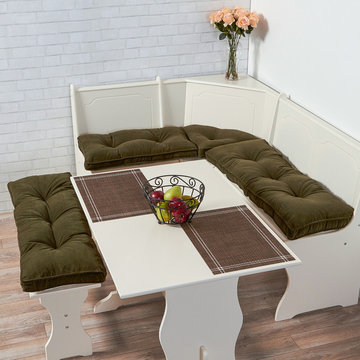 Farmhouse Style Kitchen Nook With Deep Green Bench Cushions