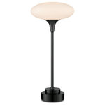 Currey & Company - Solfeggio Table Lamp - A throw-back to the Industrial Age our, Solfeggio Table Lamp is made of metal in a Piano black finish. The thin stem atop a stacked base lifts an opaque glass shade in a time-honored shape that has been popular for centuries. The quality of the glass means the black table lamp will glow softly when the light is switched on. We also offer the Solfeggio in several chandelier styles.