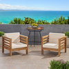 Louise Outdoor Acacia Wood Club Chairs With Cushions, Set of 2, Beige