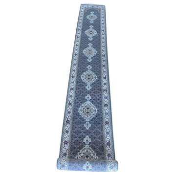 2'6x20 Runner Handmade Blue Mahi Tabriz Oriental Rug Wool, Silk