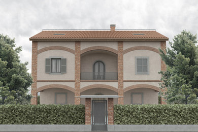 Idee per la villa ampia beige rustica a due piani con rivestimento in mattoni, falda a timpano, copertura in tegole e tetto rosso