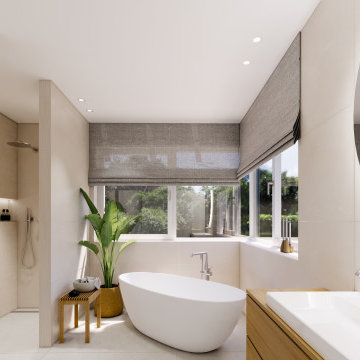 Badezimmer im warmen Skandi Stil - Holz und Beige