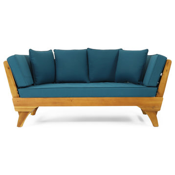 Shiloh Outdoor Acacia Expandable Daybed With Cushions, Dark Teal/Teak/Khaki