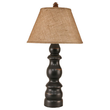 Distressed Black Farmhouse Table Lamp With Real Pine Cone Accent