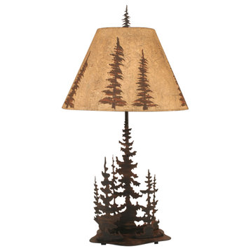 Burnt Sienna Iron Nature Scene Table Lamp With Feather Tree Forest