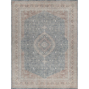 Heritage Power Loomed Polyester and Acrylic Light Blue/Navy Area Rug, 2'6"x12'