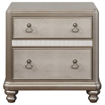 Contemporary Nightstand, 2 Drawers With Unique Pull Handles, Metallic Platinum