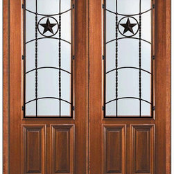 Prehung Double Door 96 Mahogany Texan 2 Panel 2/3 Lite Wrought Iron - Front Doors